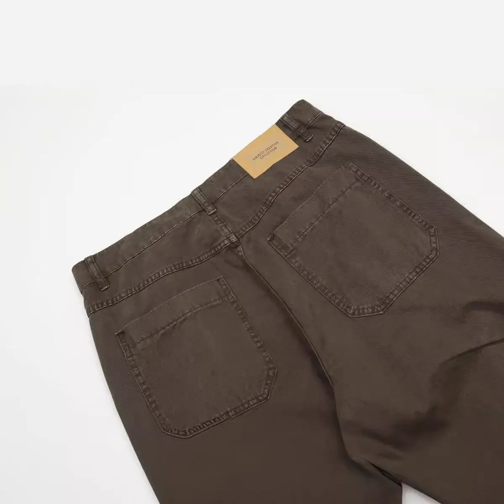 Men's brown loose fit straight leg trousers with high waist and zipper fly opening