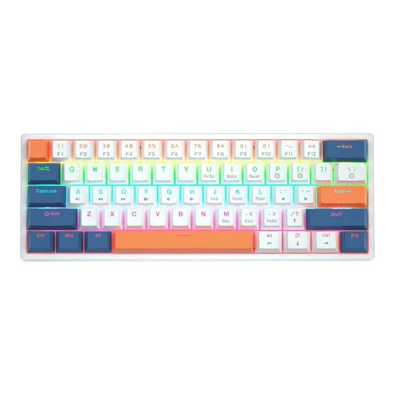 Small bluish-black 61-key mechanical keyboard with wired USB cable showing multiple switch colour options