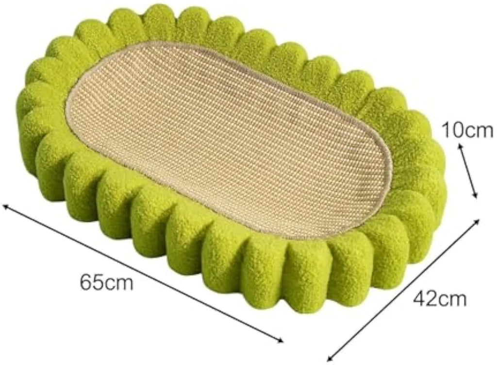 Green oval cat scratch pad and lounge bed made from sisal material