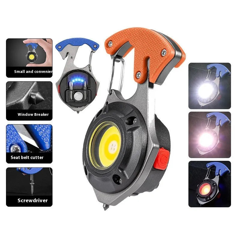 Compact silver and black multifunctional keychain flashlight with keyring, display screen, and integrated window breaker tool.