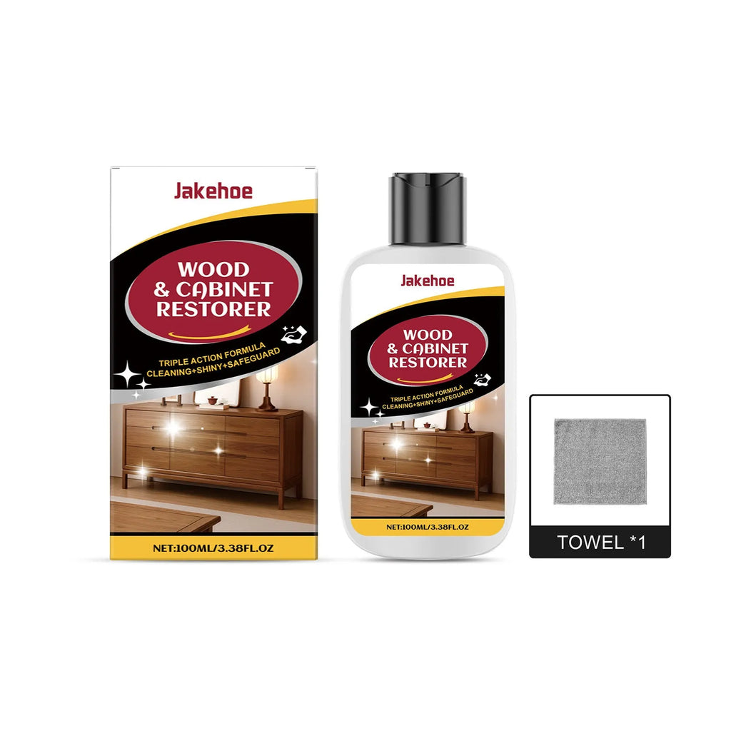 Wooden furniture scratch care kit showing 100ml polish bottle and 20x20cm microfiber towel for surface maintenance