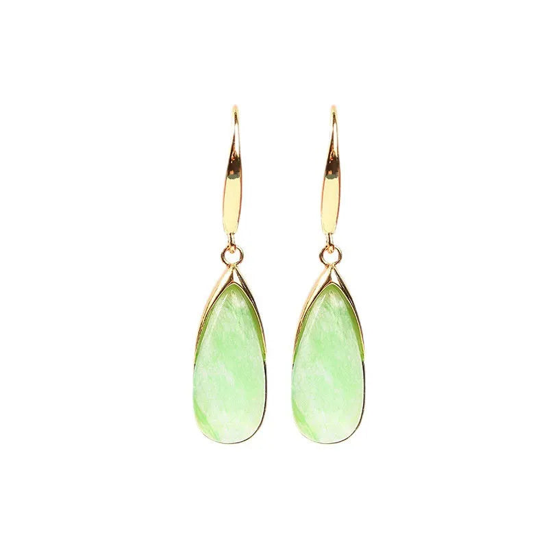 Copper Chinese style geometric earrings with water droplet elements in electroplated jade colour