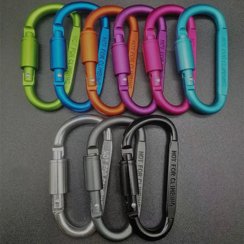 Aluminium D-type locking carabiner showing 8cm flat measurement in various colour options