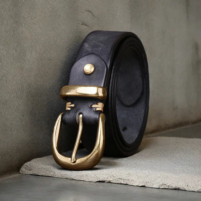 Genuine cowhide men's belt with copper buckle in black, brown, or khaki.