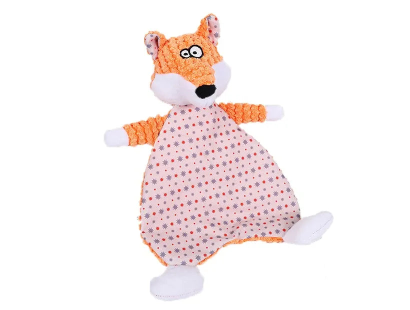 Brown plush velvet fox dog toy with sound paper core, shown next to grey elephant and orange cat versions.