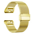 Silver stainless steel card-link watch strap for Garmin Fenix watches on a grey background.