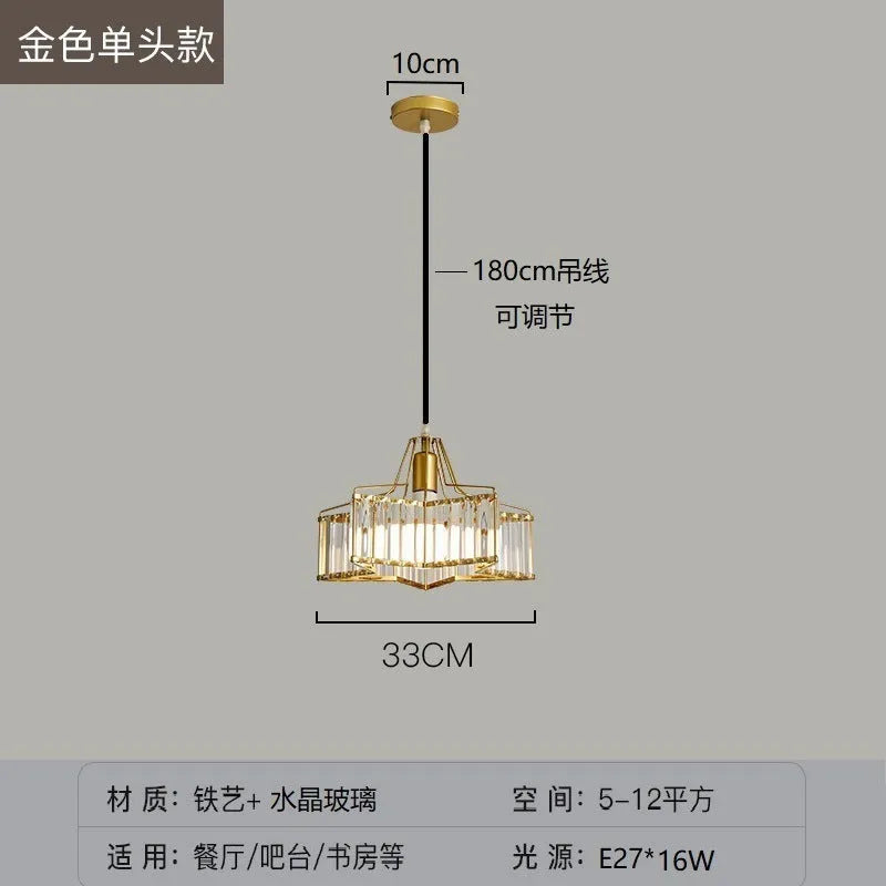 Modern crystal ceiling pendant lamp with LED lighting in gold finish showing crystal decorative elements