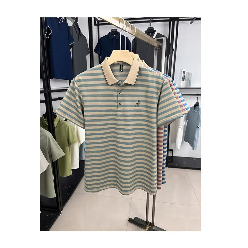Men's red striped short sleeve t-shirt with mosaic pattern detail on a mannequin.