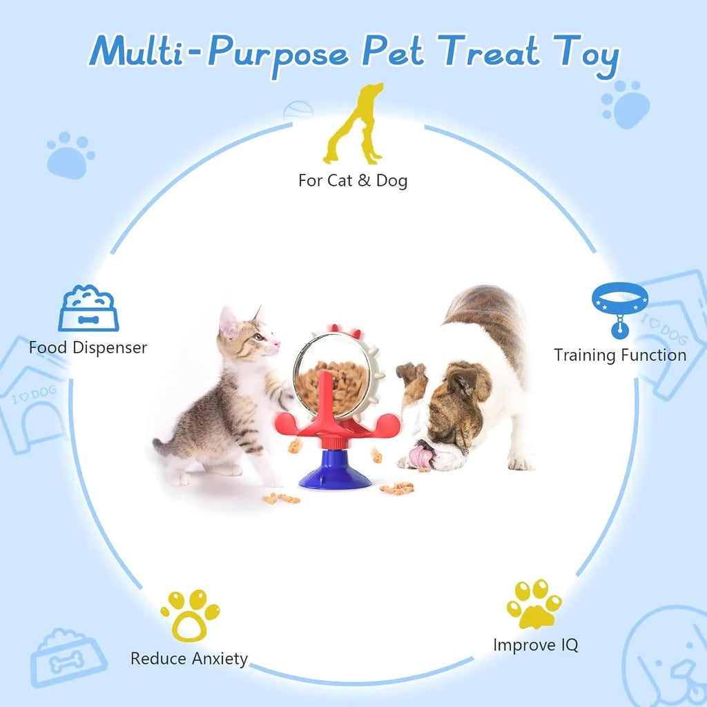 Blue interactive spinner puzzle toy for cats and dogs with suction base on a floor.
