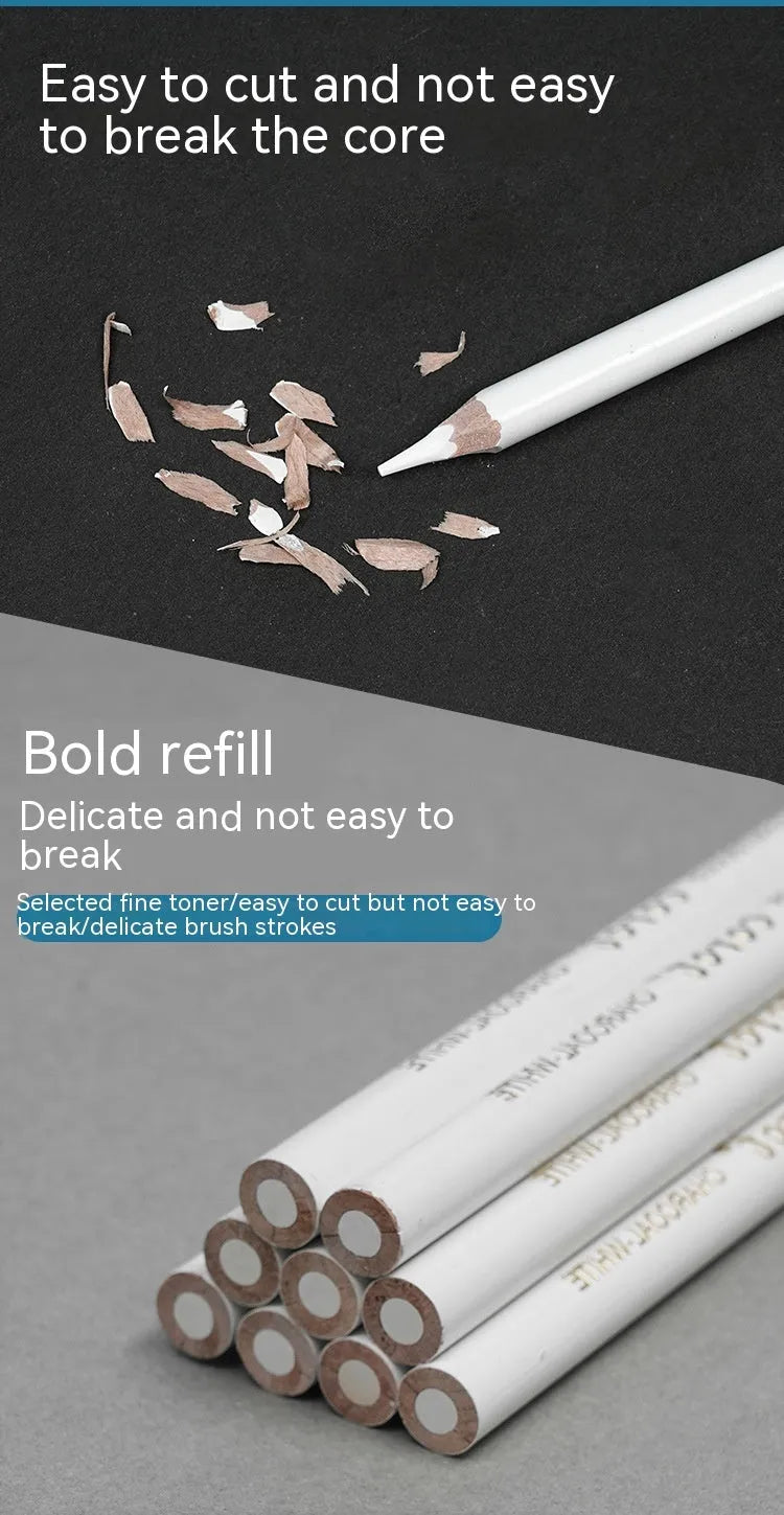 White charcoal pencils in wooden casing for drawing on dark paper with moderate hardness lead