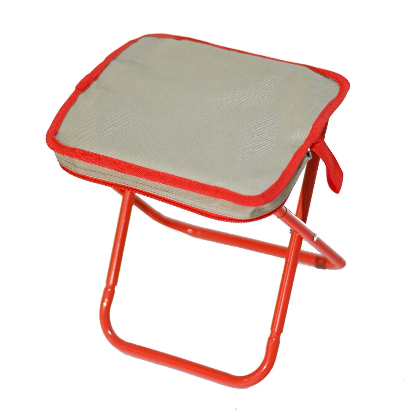 Lightweight foldable camp stool in Oxford cloth, shown in a khaki colour, folded for carrying.