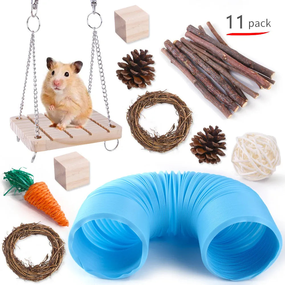 Wooden chew toy sets for rabbits, guinea pigs and parrots with various natural components