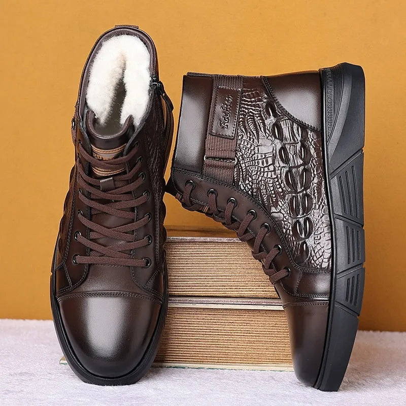 Black and brown genuine leather snow boots with fur lining and rubber sole
