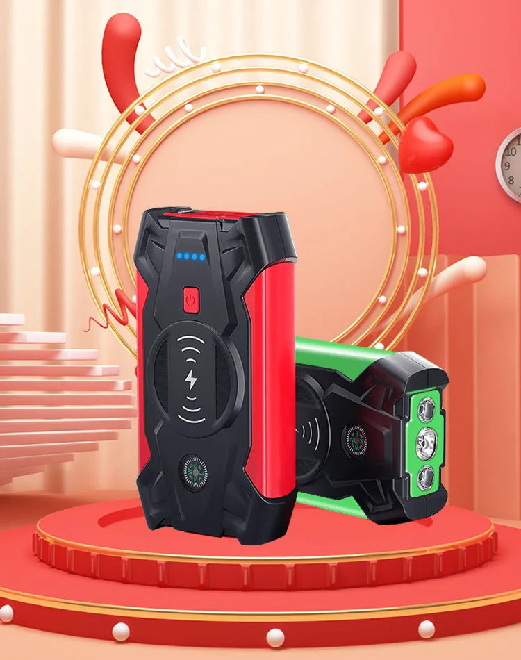 Red car emergency jump starter power pack showing digital display and battery clips