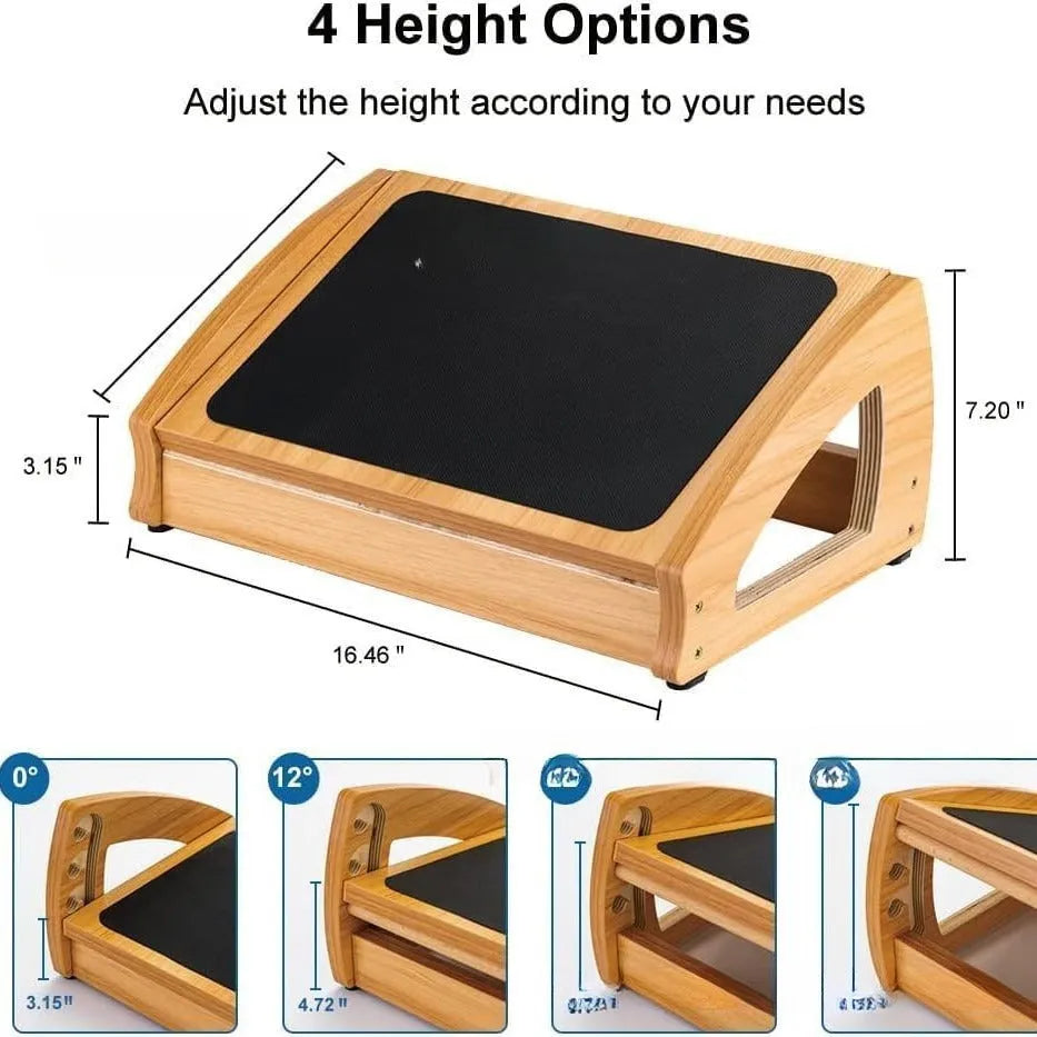 Wooden bamboo adjustable office desk footstool in natural wood colour, showing modern minimalist design.