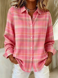 Solid colour check print long sleeve polyester shirt for women, loose fit, available in multiple sizes