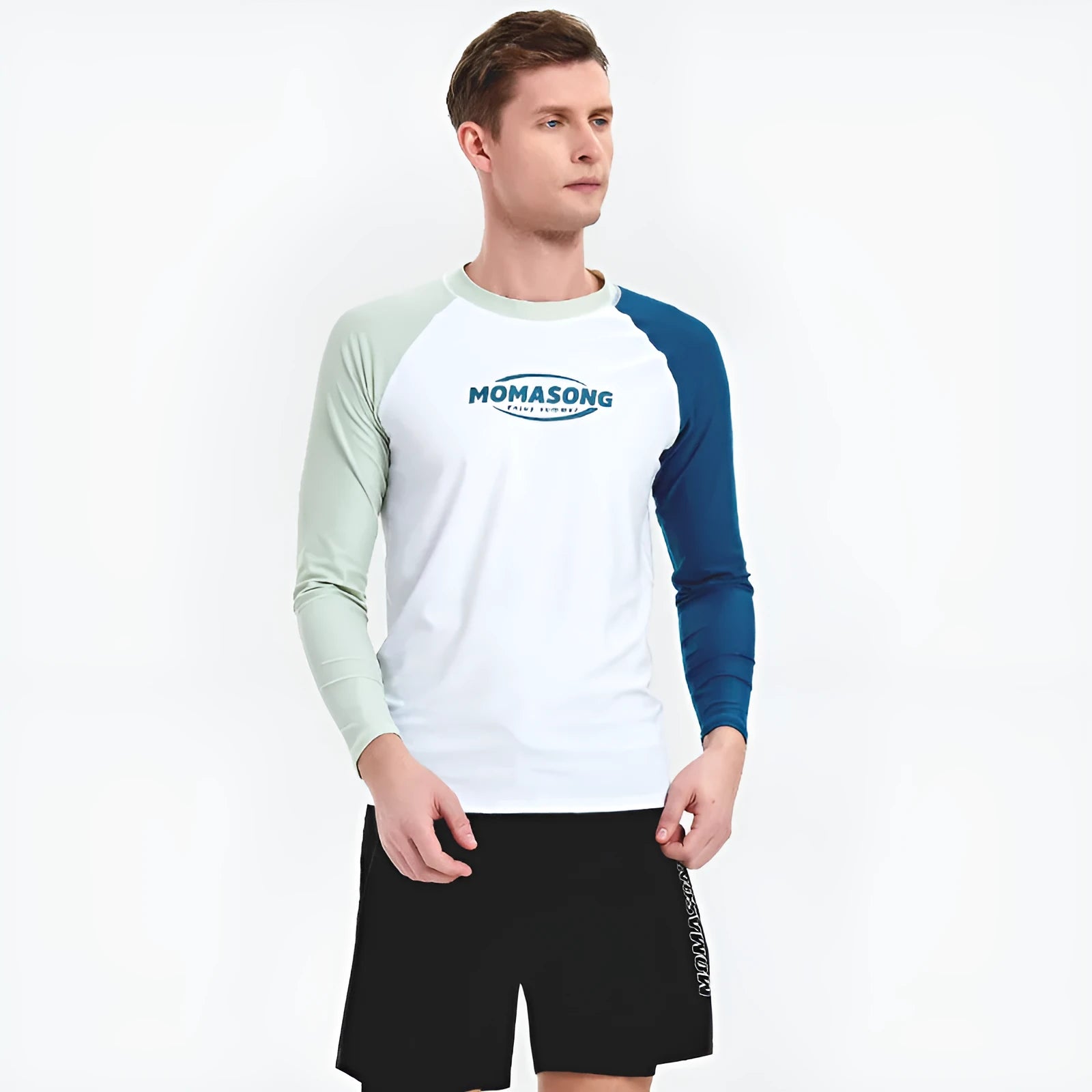 Men's white long-sleeved swimming top with matching double-layer beach swim trunks set