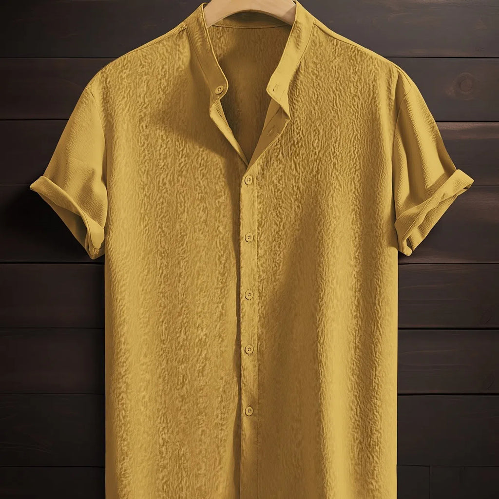 Men's casual solid colour polyester stand collar short sleeve loose fit shirt in khaki