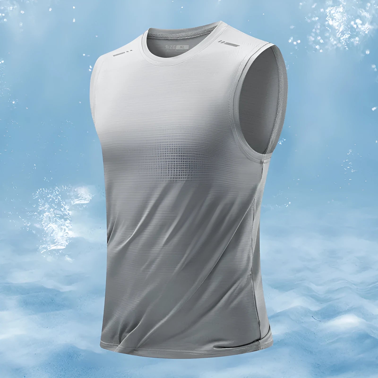 Man wearing a loose-fit, sleeveless grey waistcoat made from non-ironing bamboo fibre fabric.