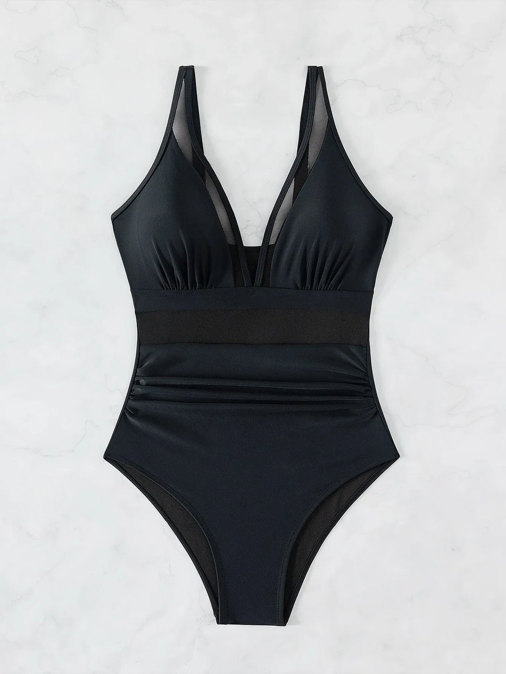 Black mesh halter one-piece swimsuit with briefs cut and sleeveless design