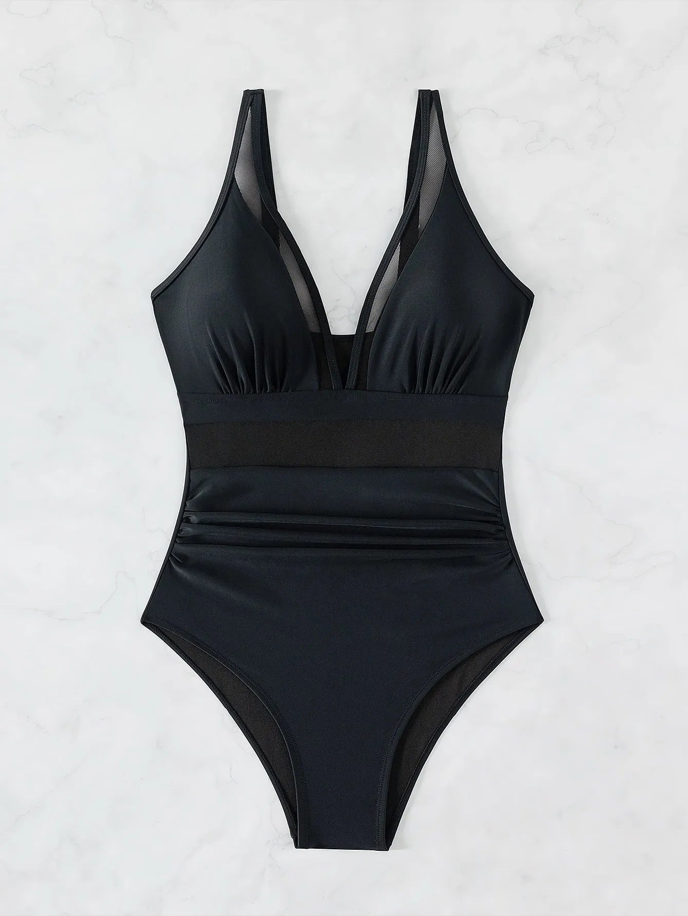 Black mesh halter one-piece swimsuit with briefs cut and sleeveless design