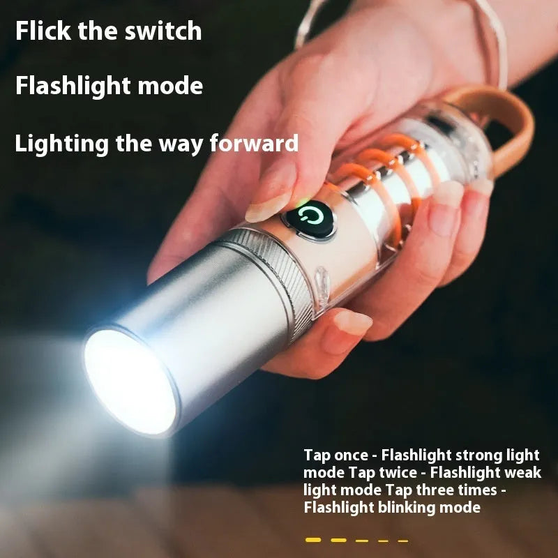 Orange and beige dual light source flashlights with optical zoom and keychain hooks