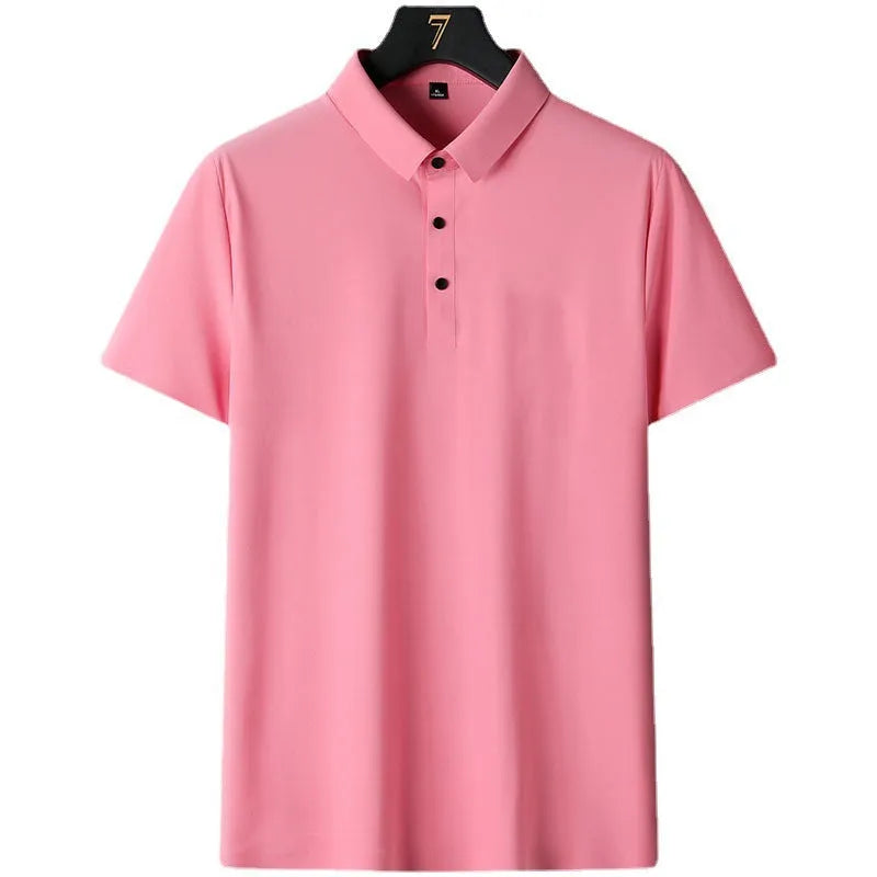 Men's solid colour non-ironing business casual short sleeve shirt on a hanger.