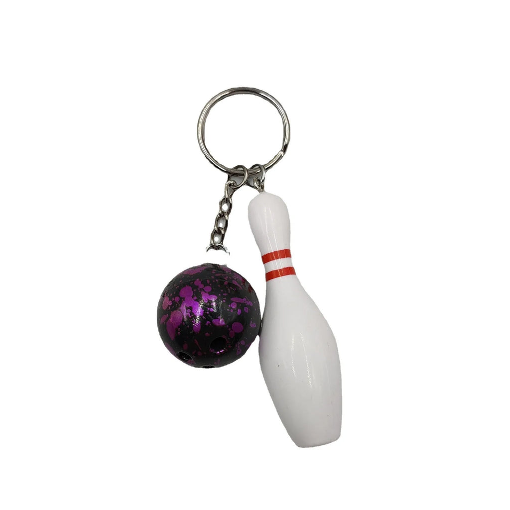 Mini simulation sports bowling keychain pendant in PVC metal on a key ring.