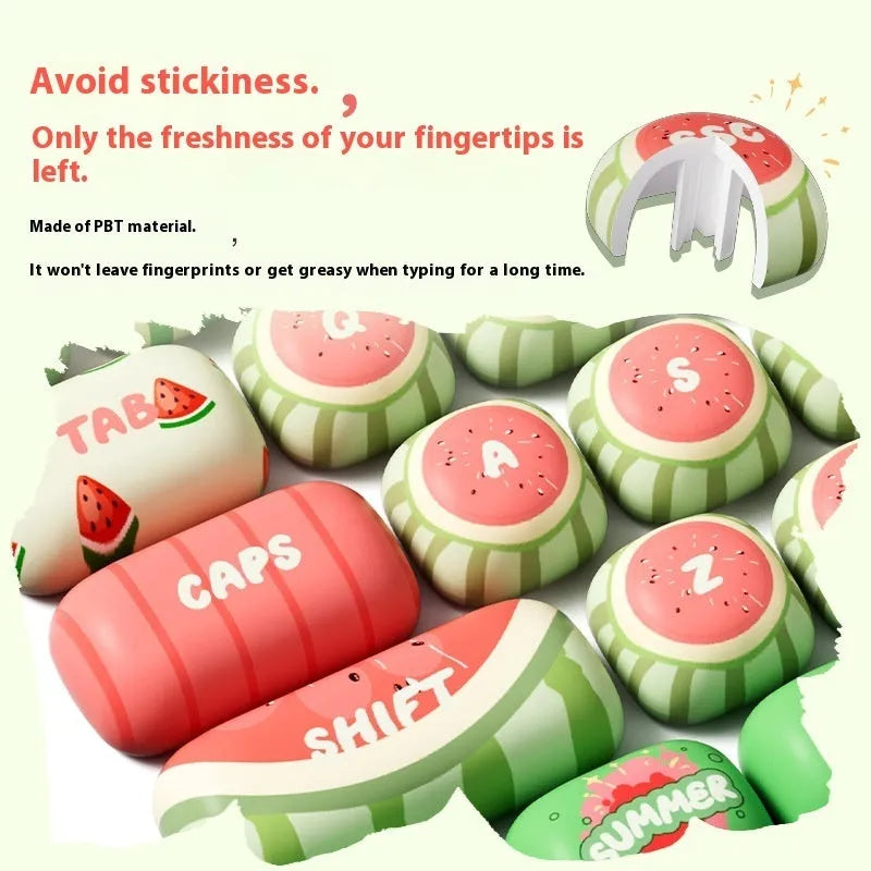 Xia Yang Watermelon themed blue PBT keycaps with five-sided sublimation artwork for mechanical keyboards.