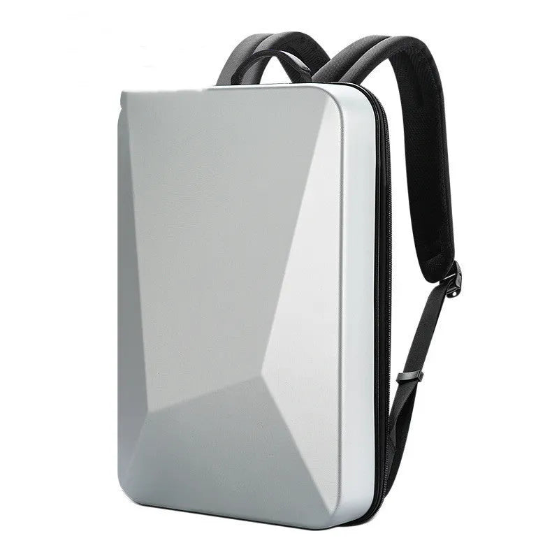 Hard-shell PC gaming backpack with lock showing internal organisation compartments and double shoulder straps