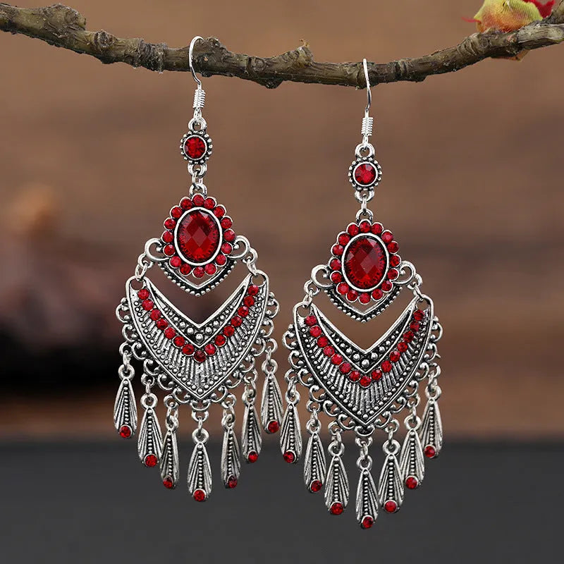 Long purple fringe drop earrings with retro crystal ethnic style design and alloy construction