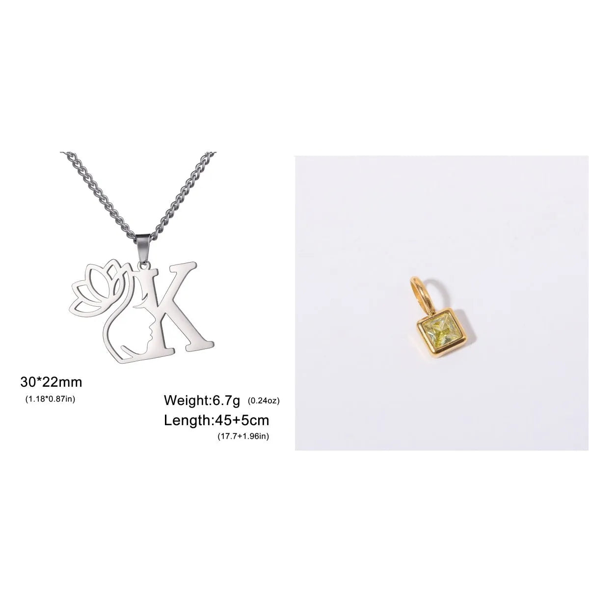 Stainless steel necklace with a single alphabet letter pendant on a cross chain, in gold or silver colour.