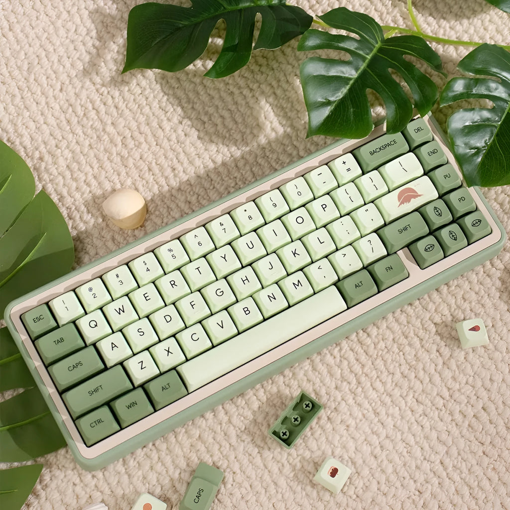 124 Key Matcha themed PBT dye-sublimation keycap set for mechanical keyboards, showing multiple language layout options.