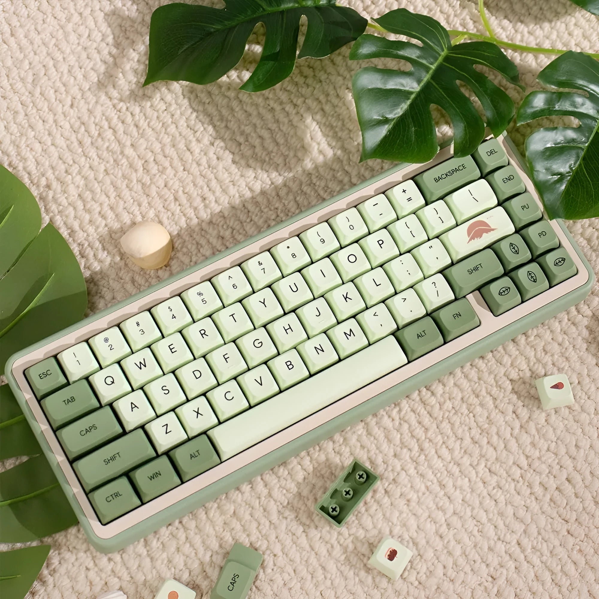 124 Key Matcha themed PBT dye-sublimation keycap set for mechanical keyboards, showing multiple language layout options.