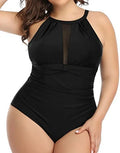 Women's black one-piece polyester swimsuit on a hanger, with red floral and striped versions shown.