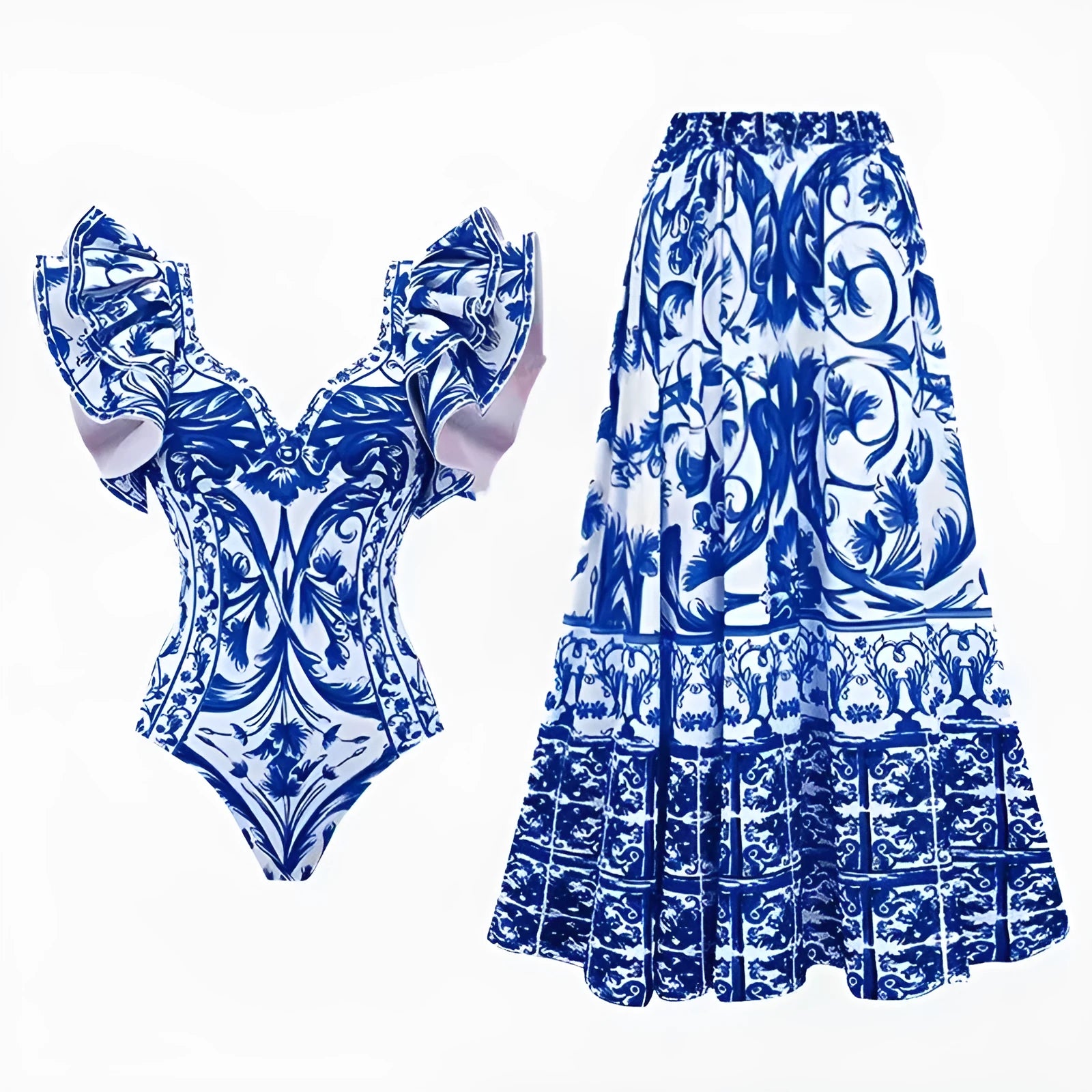 Women's printed one-piece swimsuit with a matching skirt cover-up in a rose pink floral pattern.