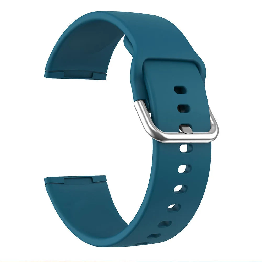 Silicone replacement strap with silver buckle for Fitbit Versa 3 and Sense 2 in a selection of solid colours.