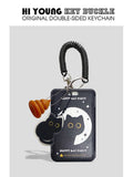 Cute black cat cartoon plastic card holder with retractable clip and ferrule pendant.