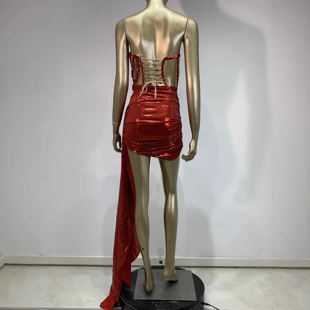 Red spandex stage costume skirt suit with mesh see-through panels for banquet performances