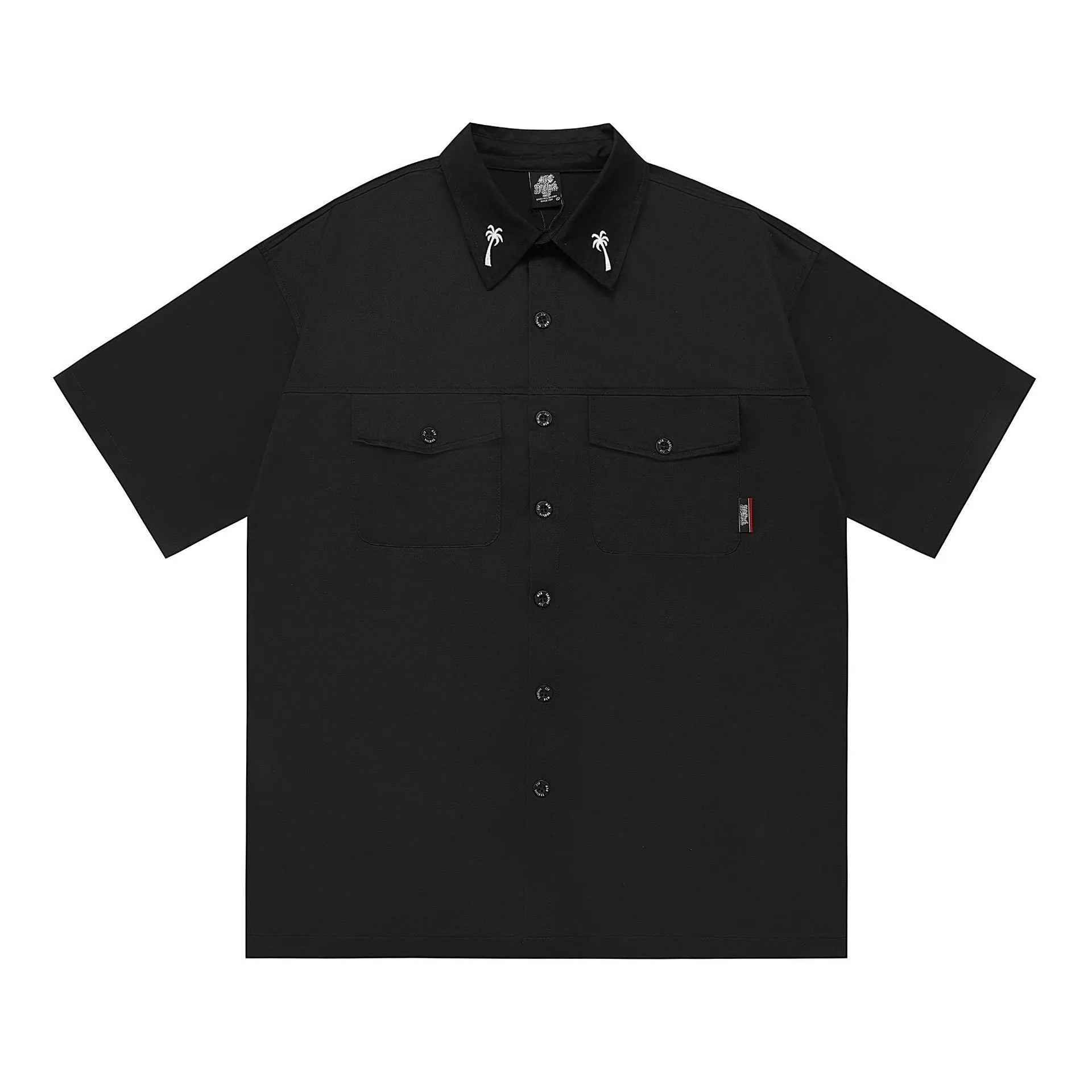 Men's loose black cotton blend half-sleeve shirt with a chest pocket