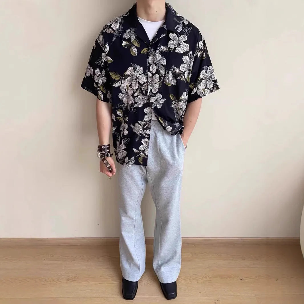 Black floral print men's shirt with Cuban collar in ice silk fabric