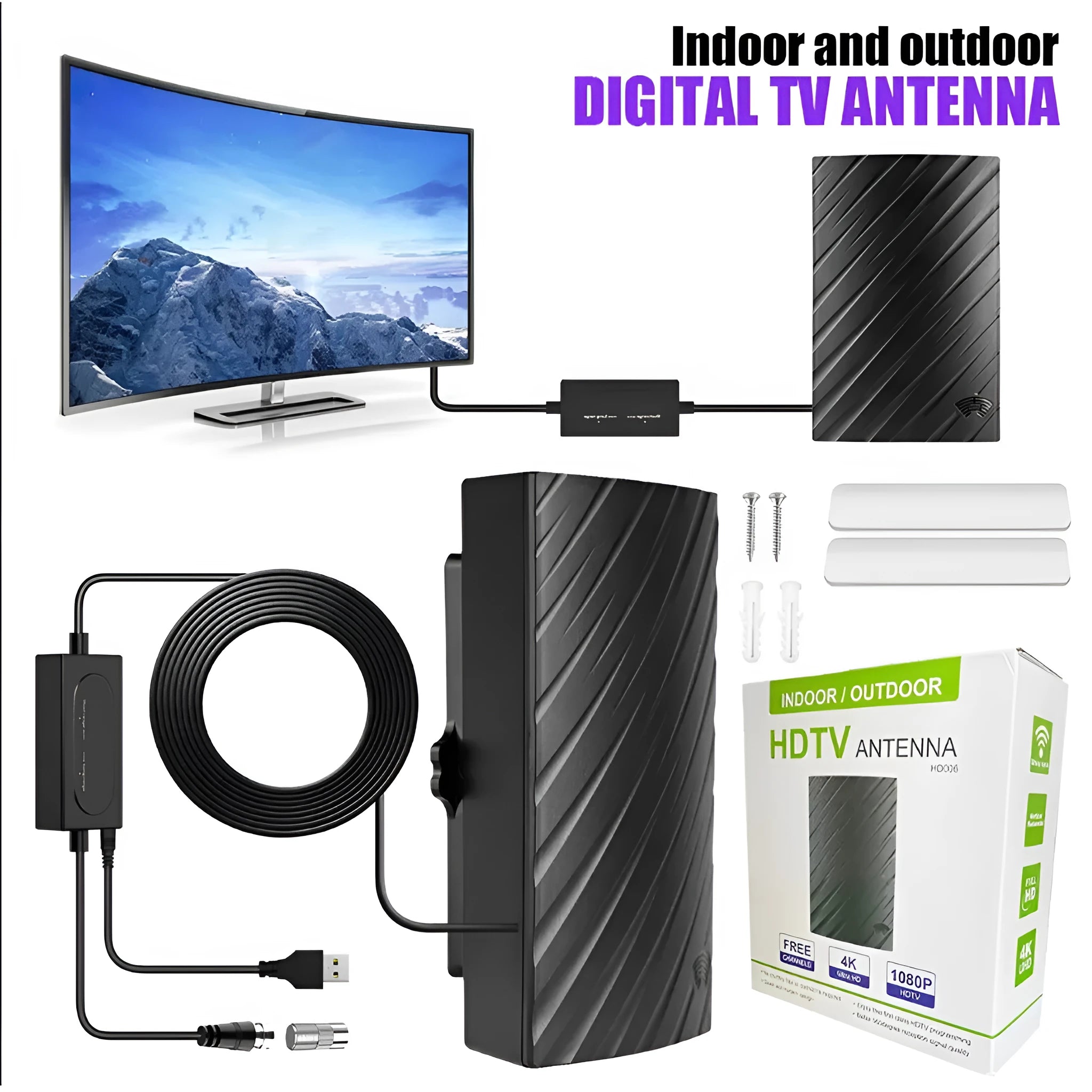 Black plastic digital TV antenna measuring 18cm with mounting accessories including expansion tubes and screws