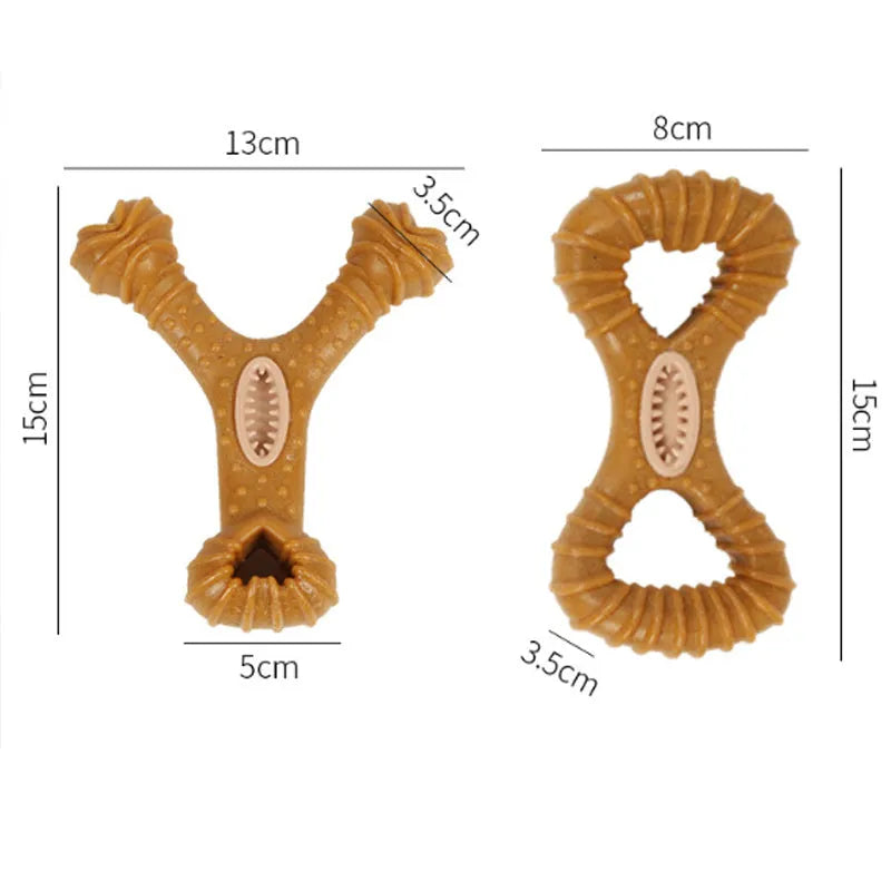 Two nylon dog chew bones showing 8 shape and Y shape designs for teeth cleaning