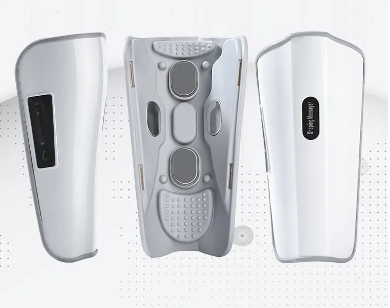 White portable electronic calf massager with control buttons, featuring infrared and electrotherapy functions.
