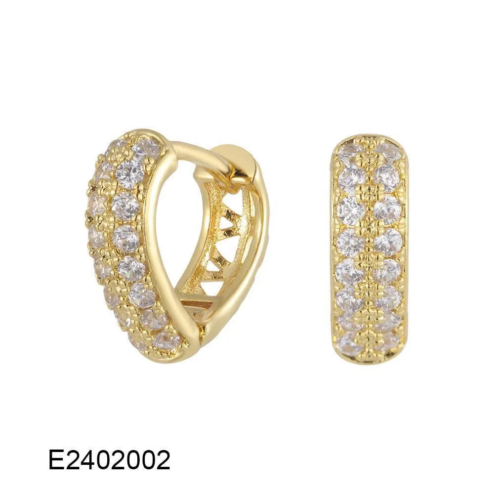 Gold plated heart-shaped zircon ear clip earrings with gang drill elements on copper base
