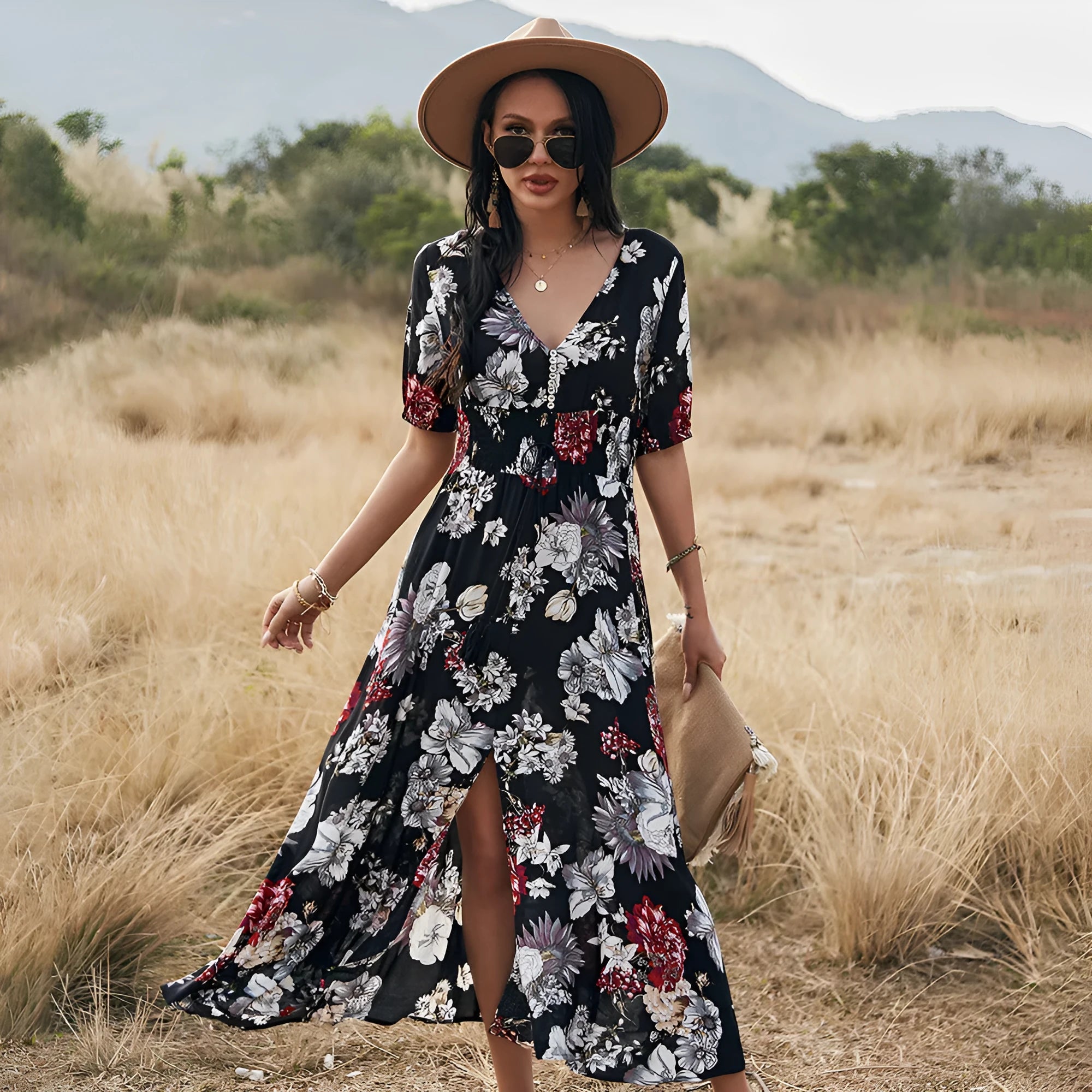 Women's floral print V-neck dress with elastic high waist and short sleeves in yellow