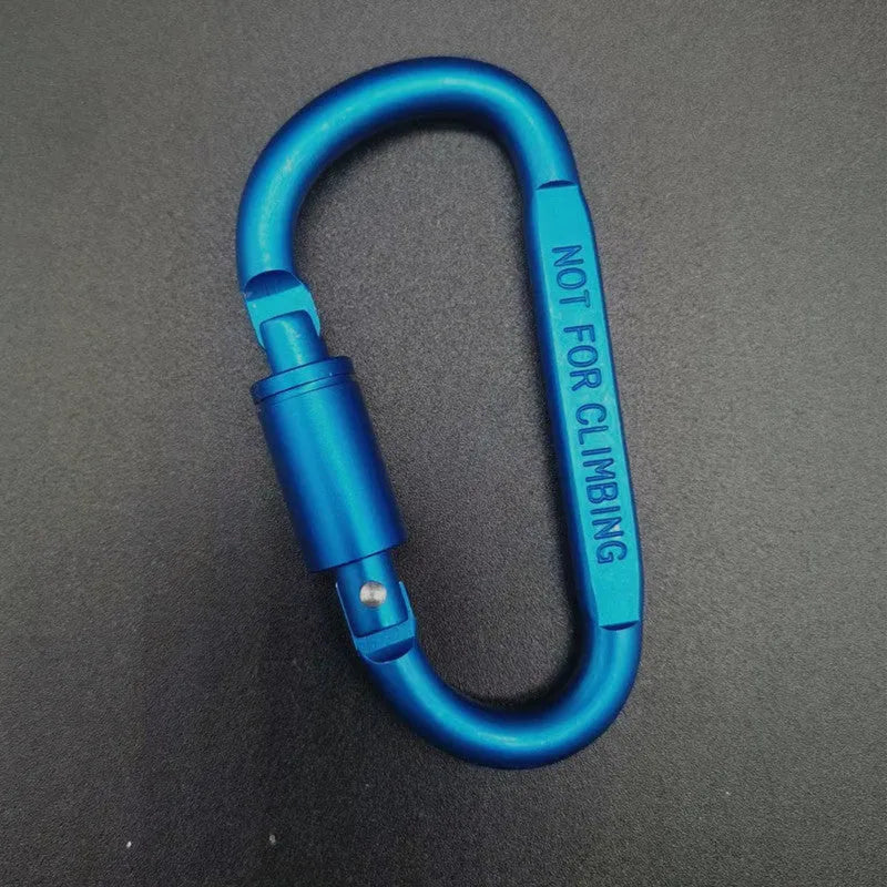 Aluminium D-type locking carabiner showing 8cm flat measurement in various colour options
