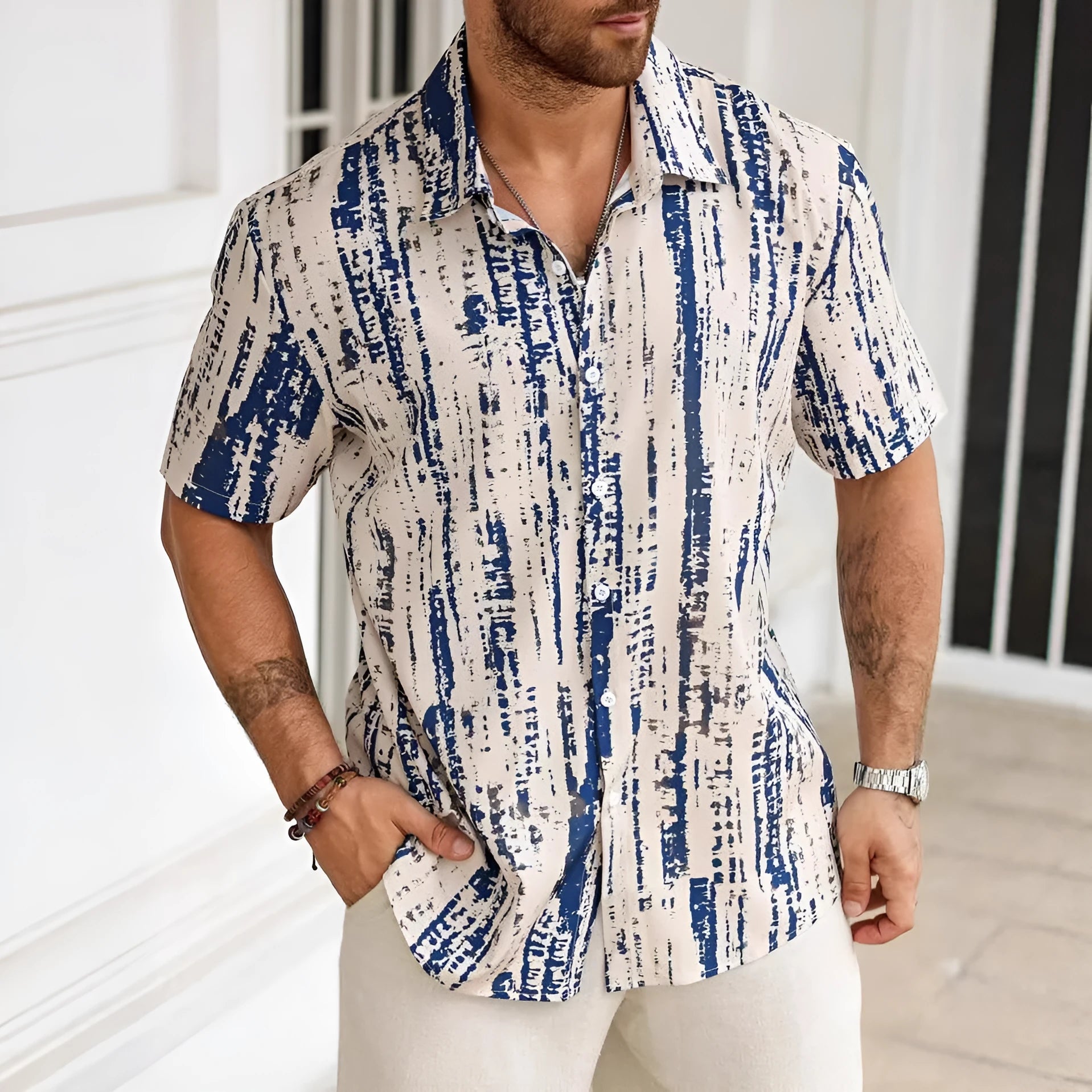 Men's striped short sleeve shirt in apricot colour with digital printed pattern