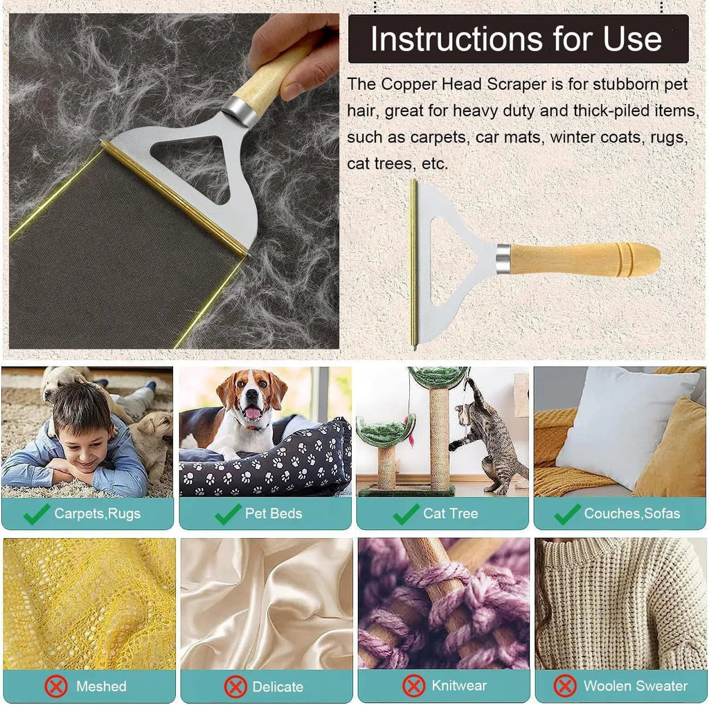 Three-piece pet hair remover set with copper shaver, silicone lint brush and round ABS scraper.