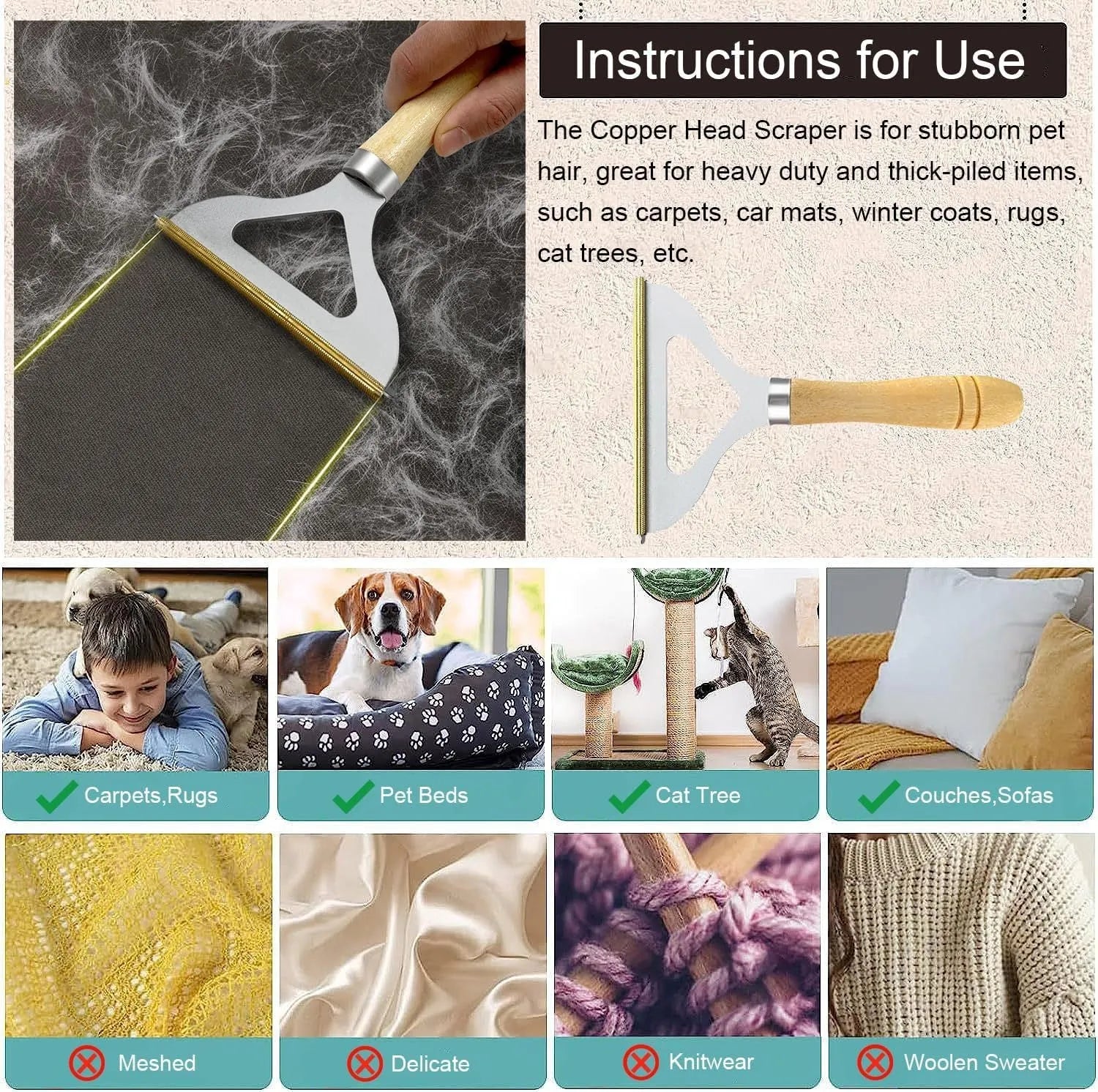 Three-piece pet hair remover set with copper shaver, silicone lint brush and round ABS scraper.
